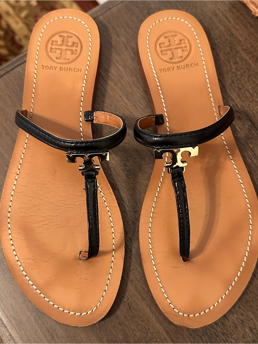 Tory Burch Black Leather Logo Thong Sandals with Tan Footbed